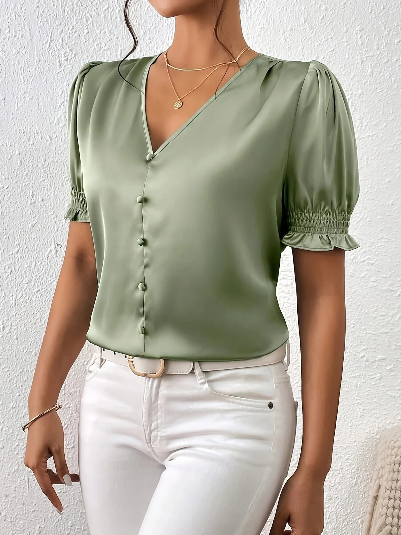 Abella | Puff Sleeve V-Neck Button Blouse