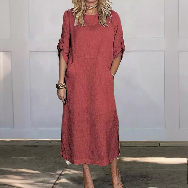 Ericka - Midi Dress Round Neck Rolled Sleeves