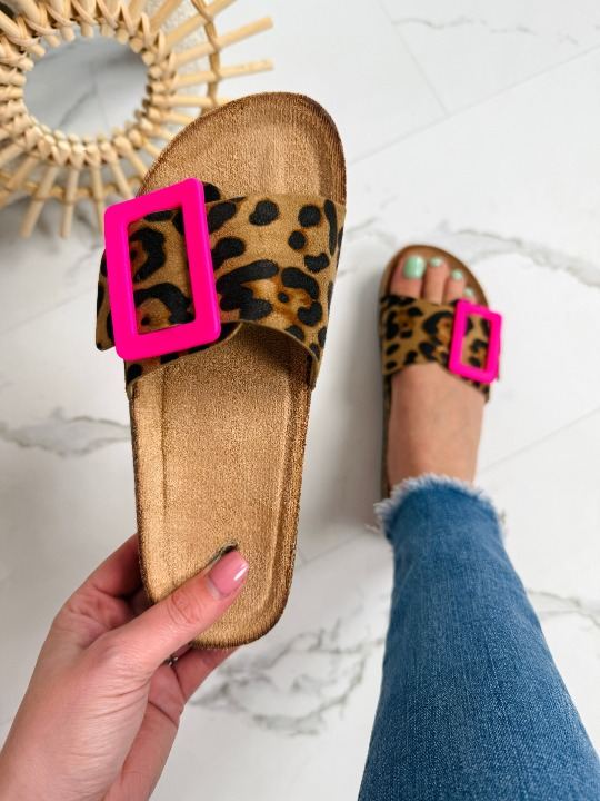 Nihya - Buckle Strap Slide Sandals Leopard Print