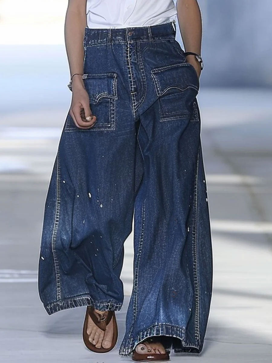 Azize | Dark Blue Wide Leg Denim Trousers