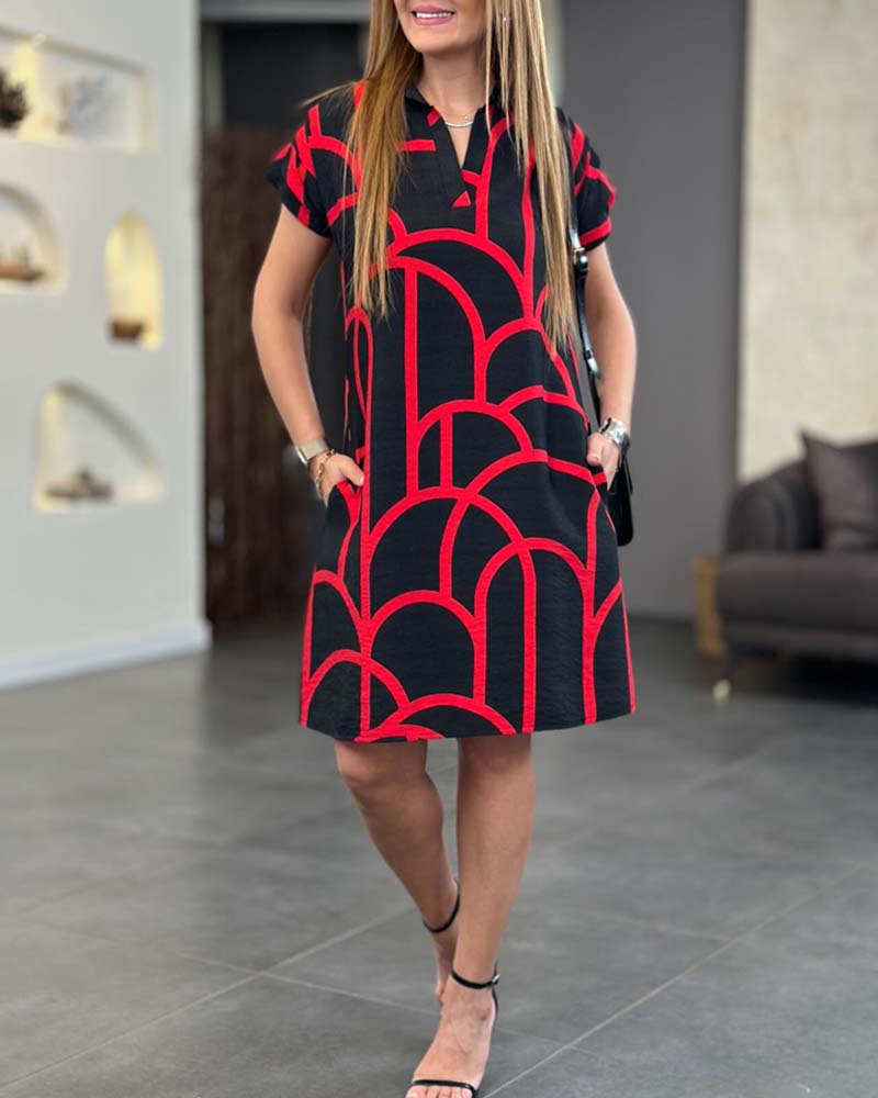 Veralia | Geometric Print Collar Neck Shift Dress