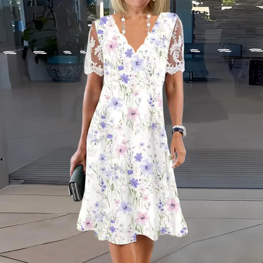 Mineera | Dress White Floral V Neck Lace Sleeves