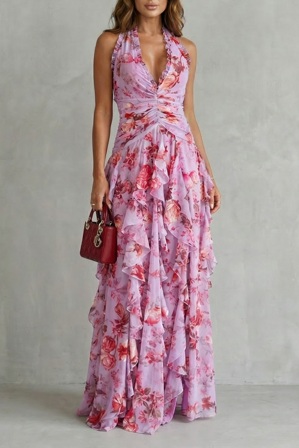 Eliora | Floral Halterneck Ruffle Maxi Dress
