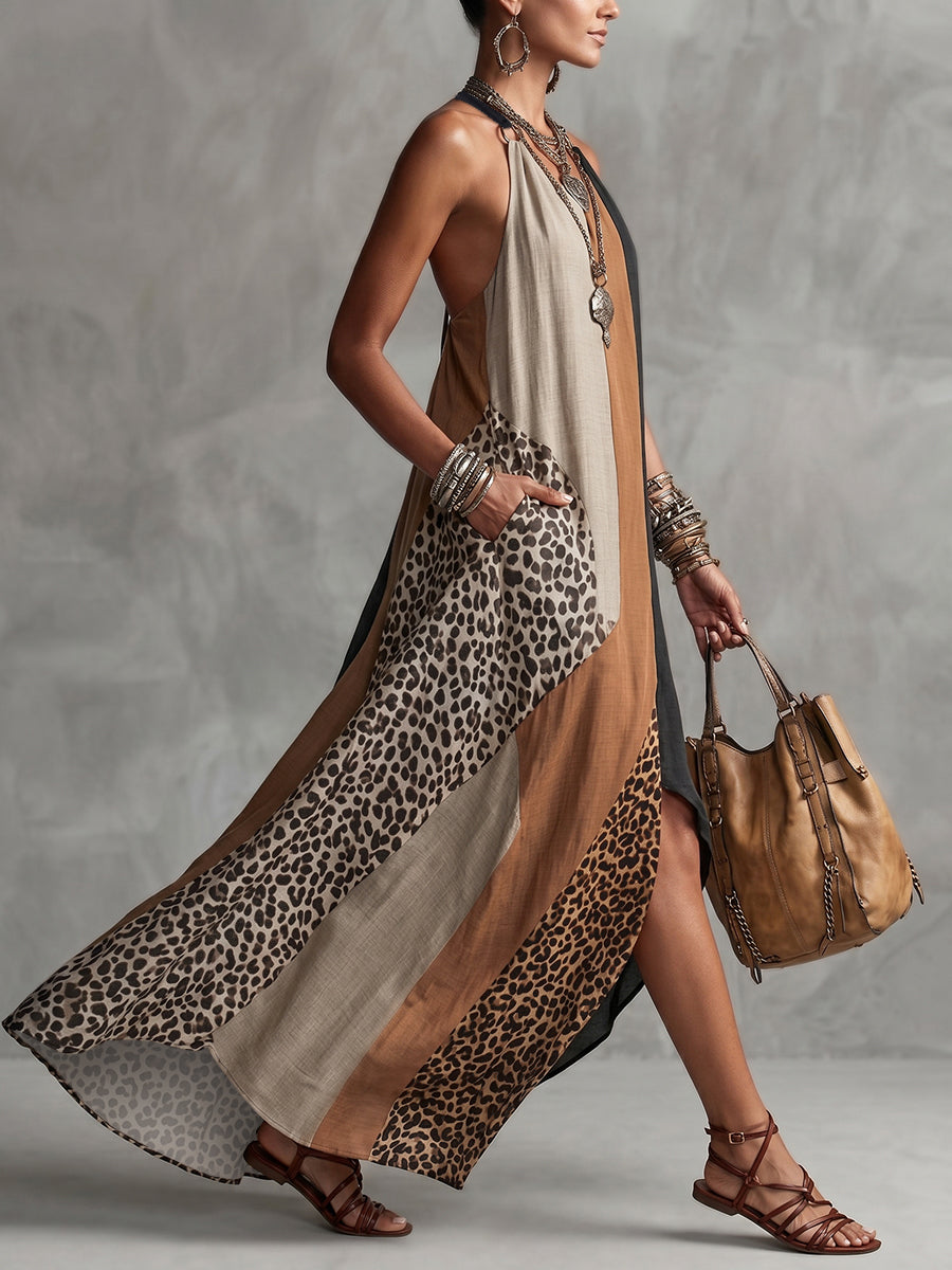 Ida | Halter Maxi Dress with Leopard Print Panels