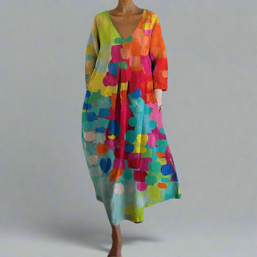 Sunita | V Neck Colourful Print Midi Dress