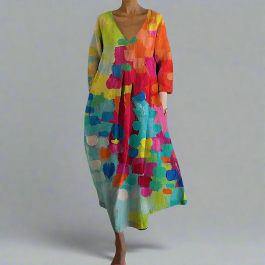 Sunita | V Neck Colourful Print Midi Dress