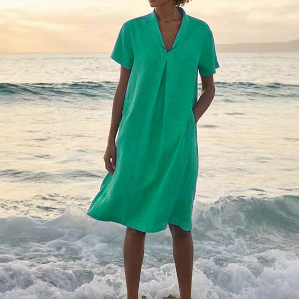 Laurie | Short Sleeve V-Neck Pocket Midi Dress