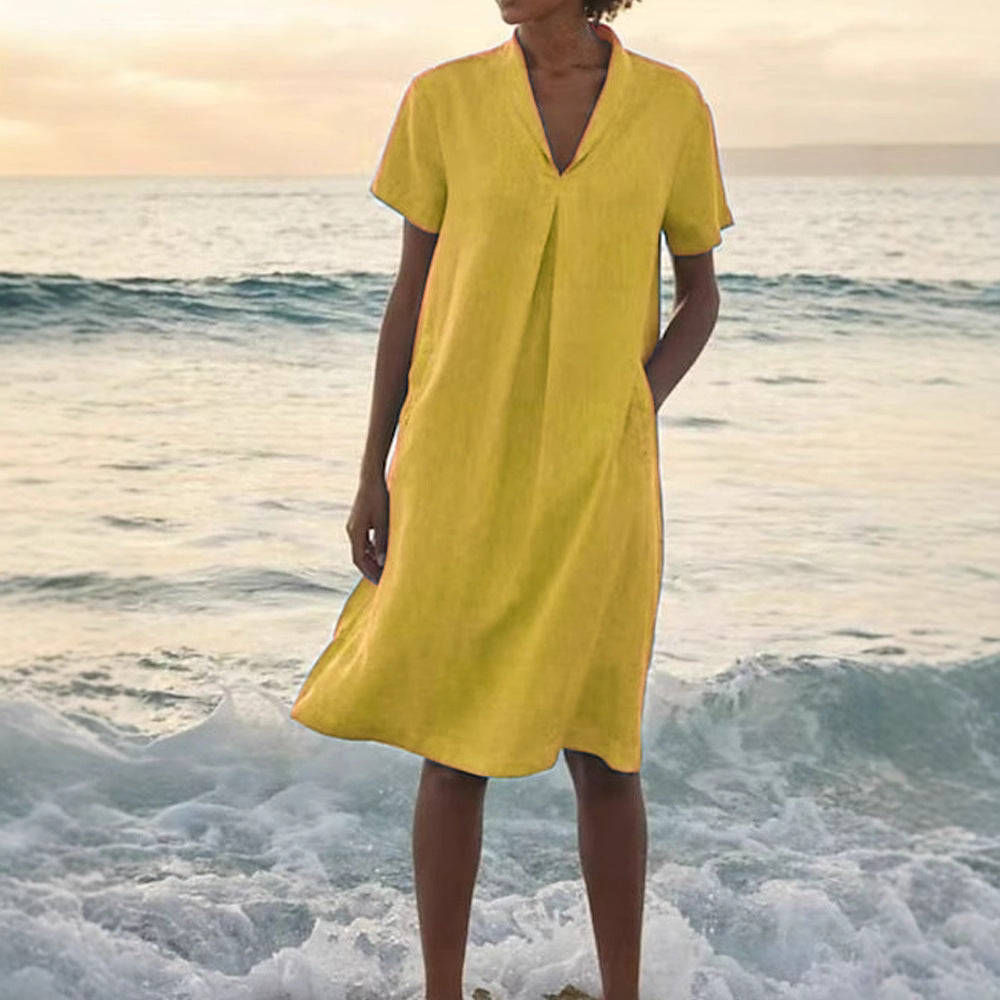 Laurie | Short Sleeve V-Neck Pocket Midi Dress