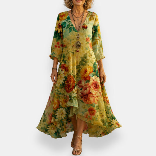 Emila | Dress Floral V-Neck Three-Quarter Sleeve Maxi