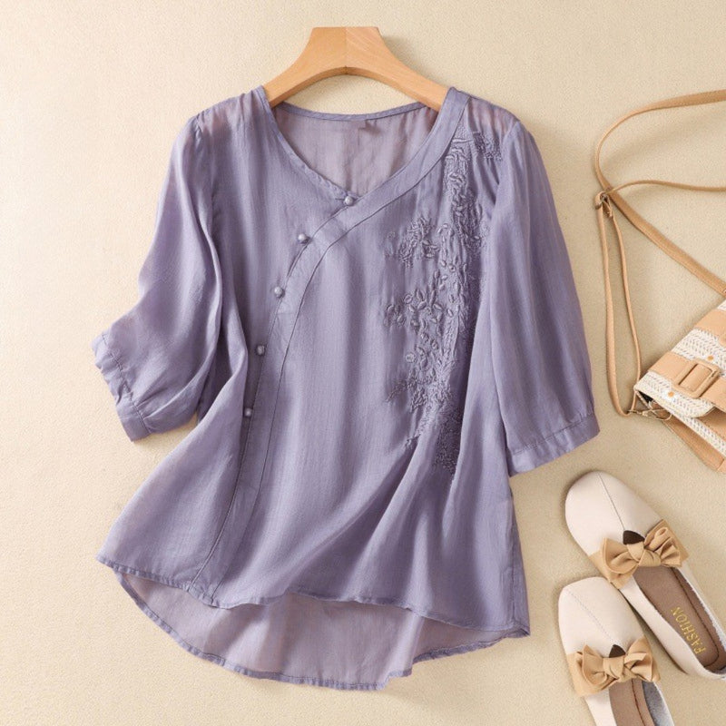 Loreen - Asymmetrical Button Tunic Embroidered Three Quarter Sleeve