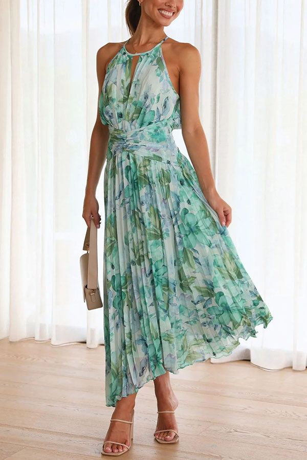 Monyca | Floral Pleated Halterneck Midi Dress