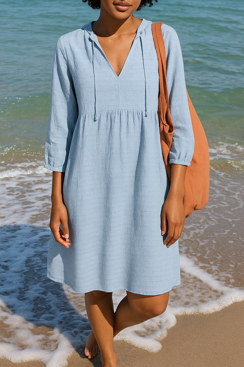 Sacide - V Neck Three Quarter Sleeve Smock Dress