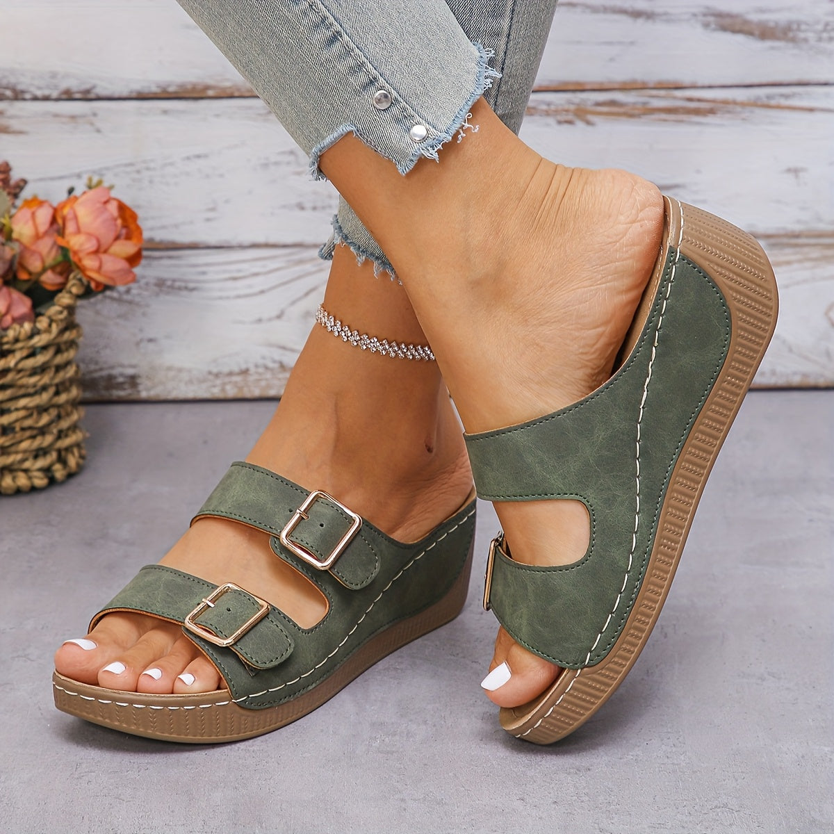 Zayira | Double Buckle Open Toe Wedge Sandals