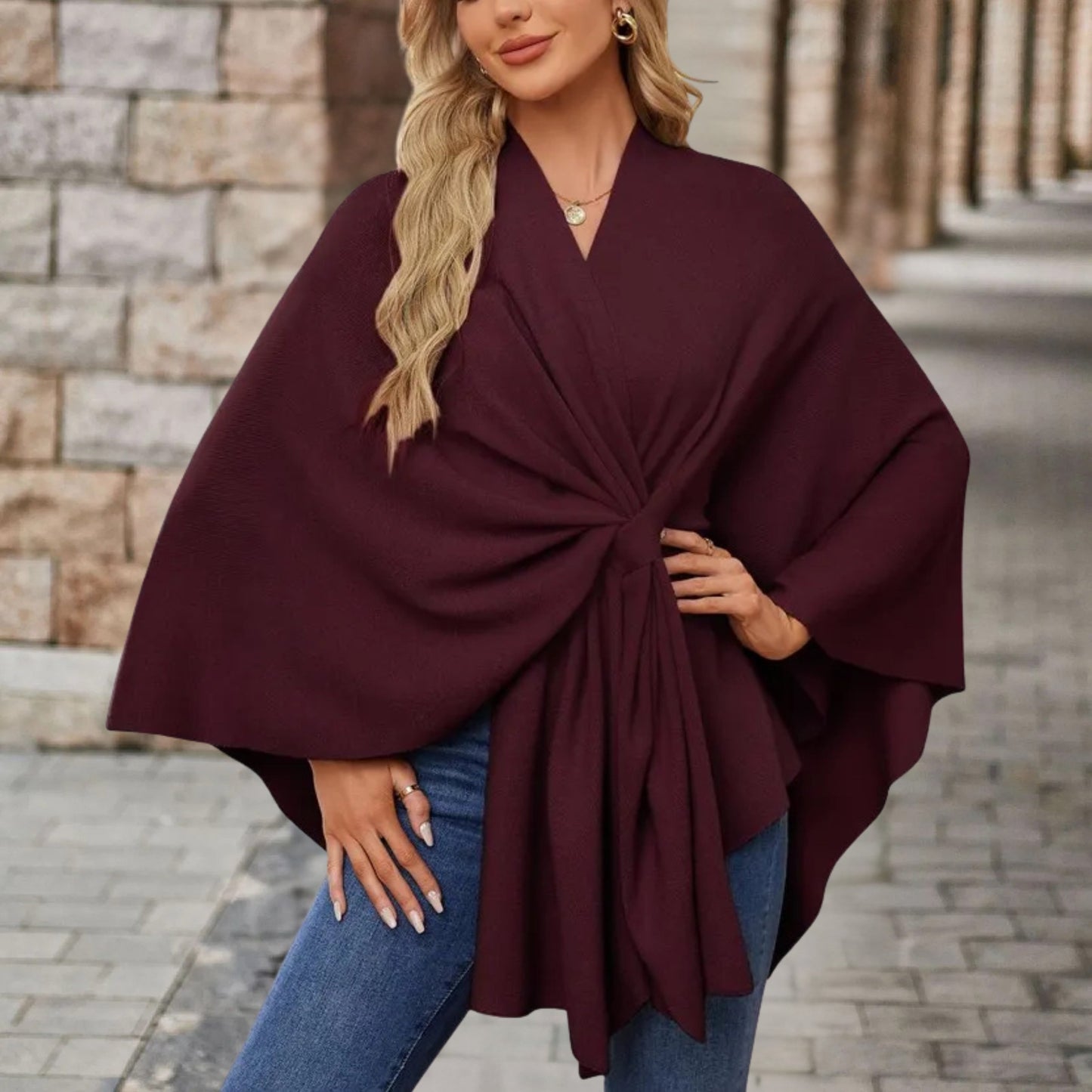 Helin | Knotted Front Wrap Knit Poncho