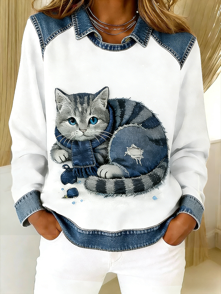 Eponin - Cat Print Patchwork Collar Sweatshirt