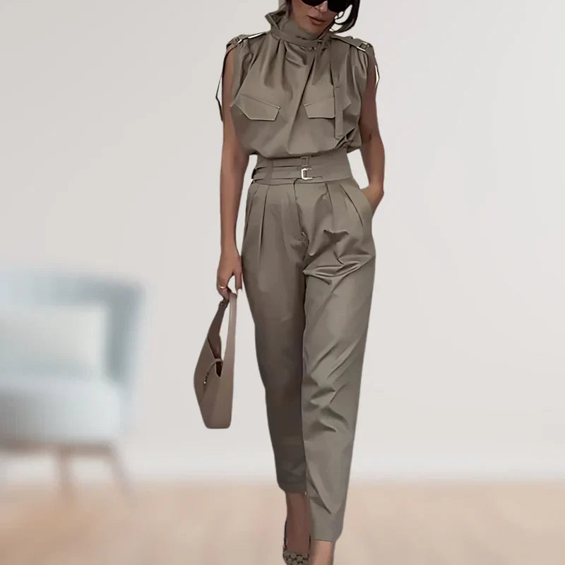 Reinhild | Sleeveless High Neck Belted Two Piece Set