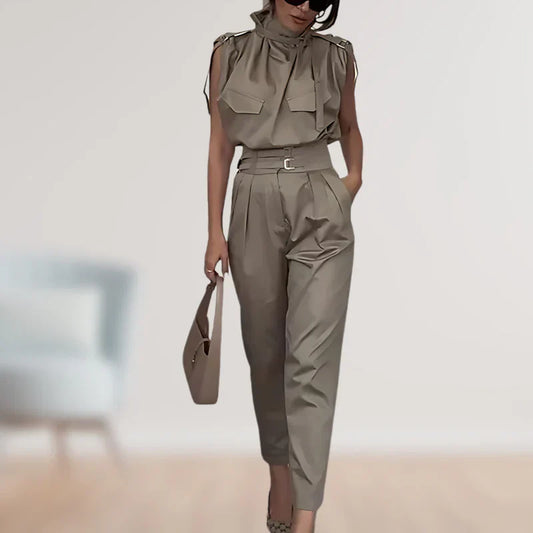 Reinhild | Sleeveless High Neck Belted Two Piece Set