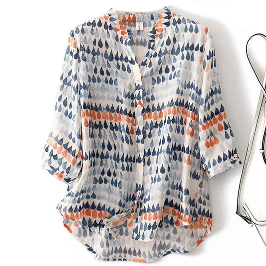 Rusina - Floral Print V Neck Button Blouse