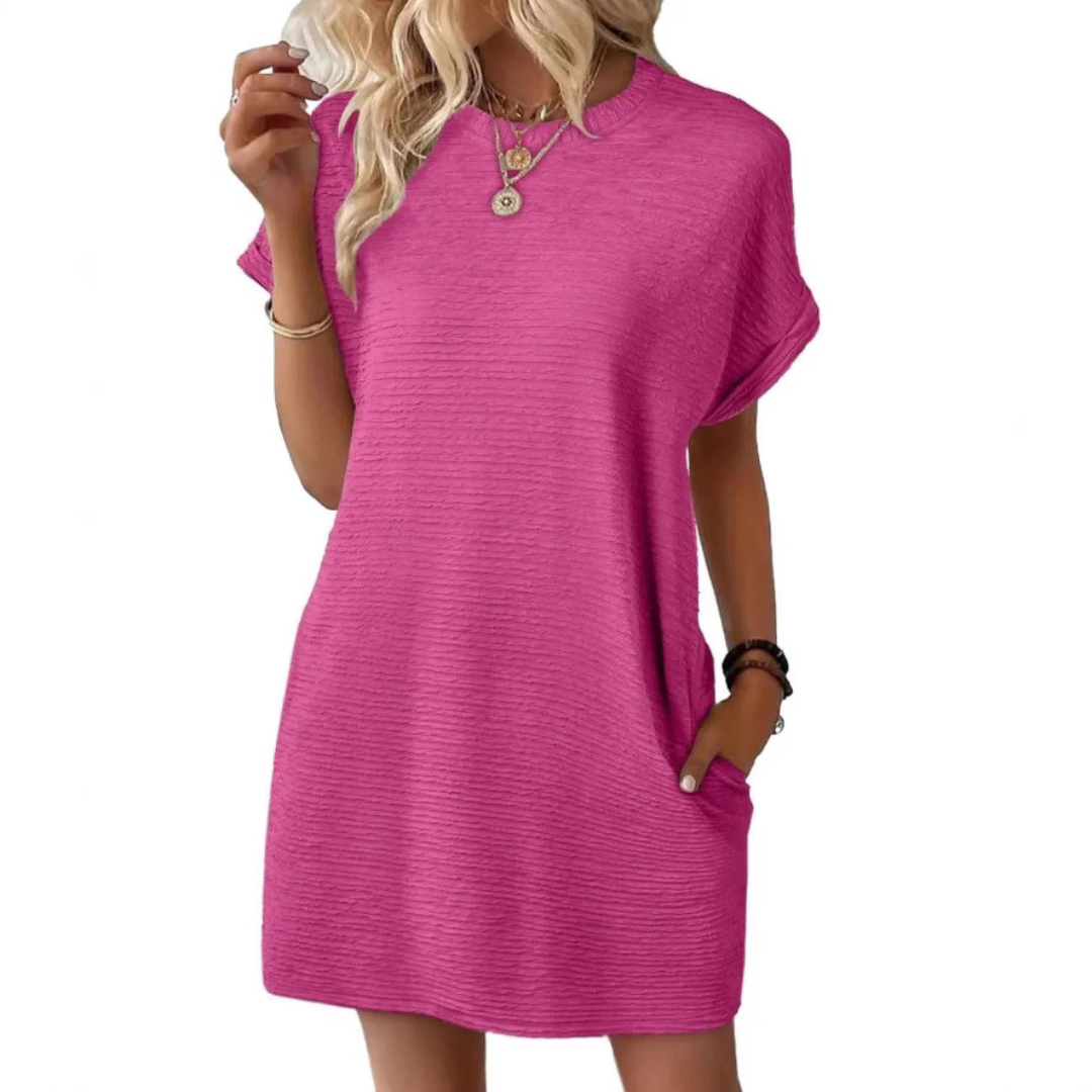 Elviaa - Short Sleeve Textured Pocket Mini Dress