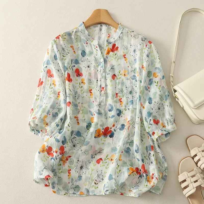 Rusina - Floral Print V Neck Button Blouse