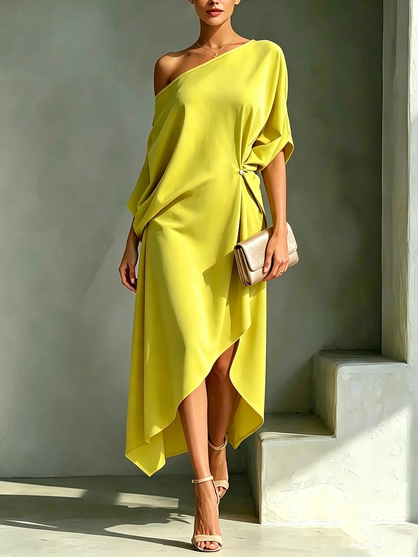 Elonia - Asymmetric Off Shoulder Midi Dress