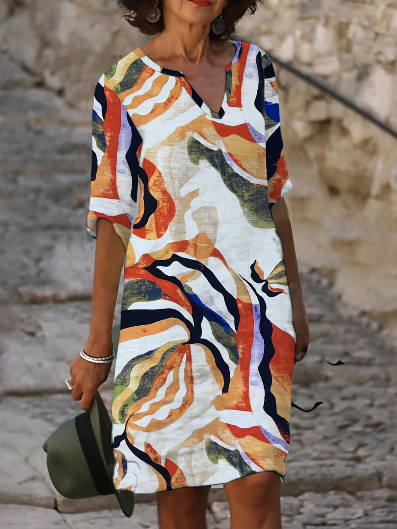 Evgeniya | Abstract Print V Neck Shift Dress