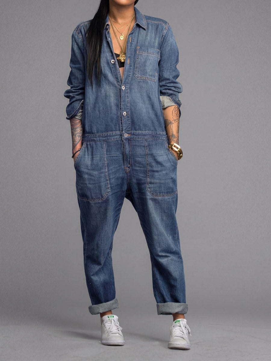 Ravina - Button Front Utility Denim Style Jumpsuit
