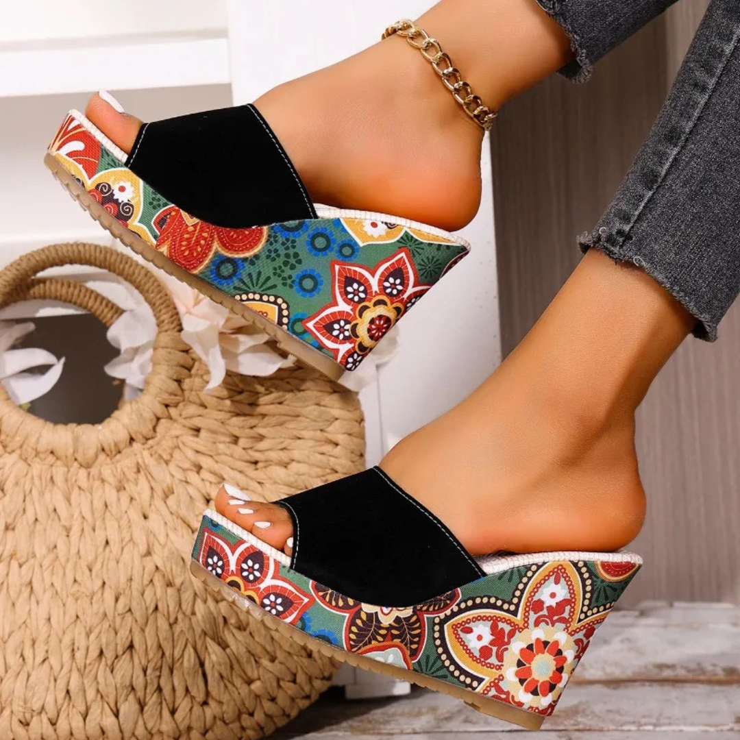 Laerke - Floral Print Wedge Slide Sandals