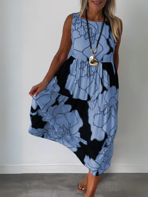 Hertha | Floral Print Sleeveless Tiered Midi Dress