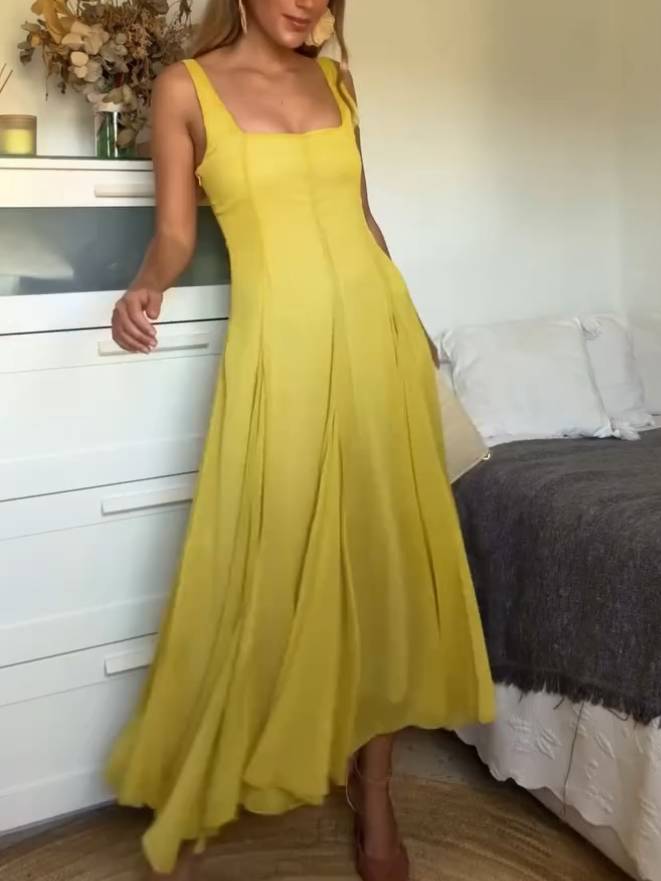 Solmaz | Yellow Square Neck Strap Maxi Dress
