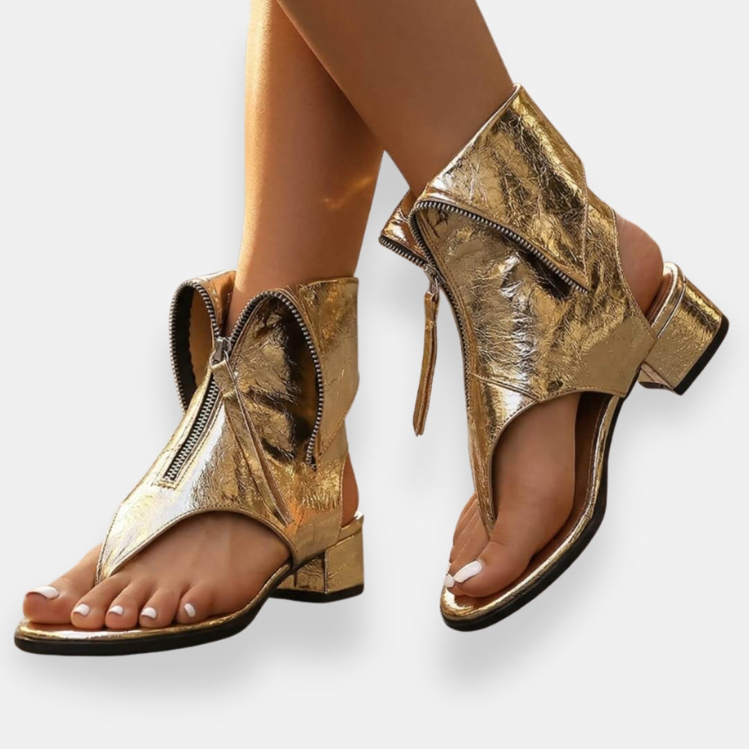 Sadiya | Metallic Zip Front Block Heel Sandals