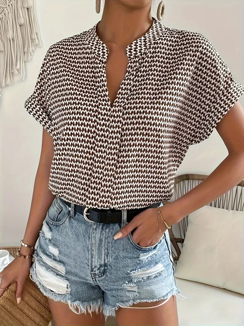 Leonore | Printed V Neck Short Sleeve Blouse