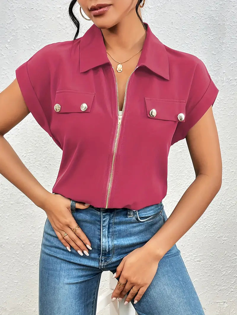 Alfano | Zip Front Collared Short Sleeve Blouse