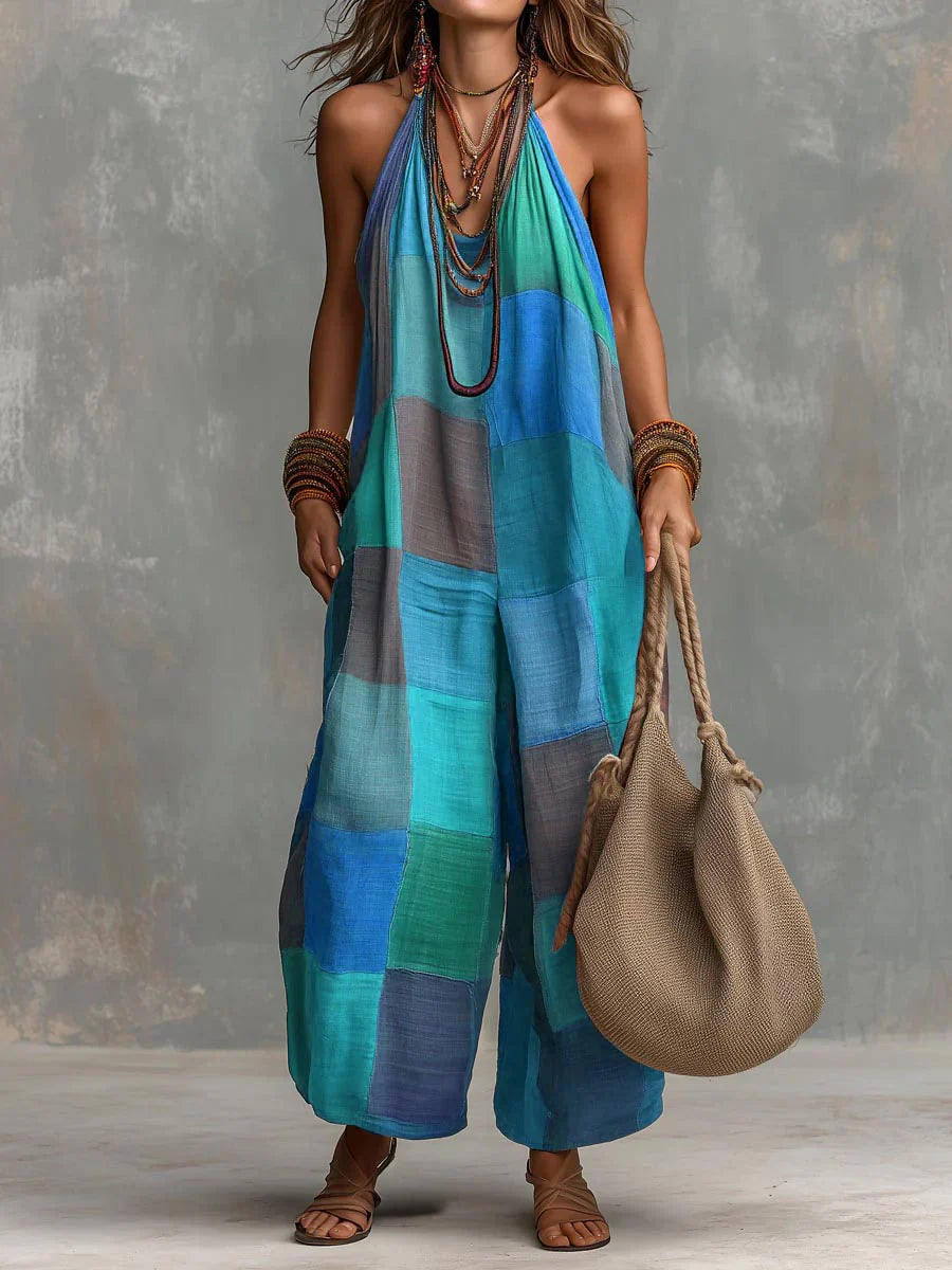 Meriny | Patchwork Print Halter Wide Leg Jumpsuit