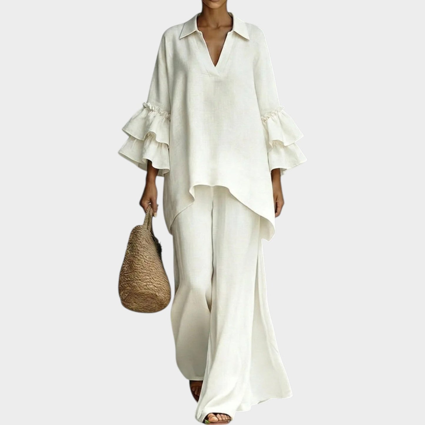 Fien | Linen Co-Ord Set V Neck Ruffle Sleeve