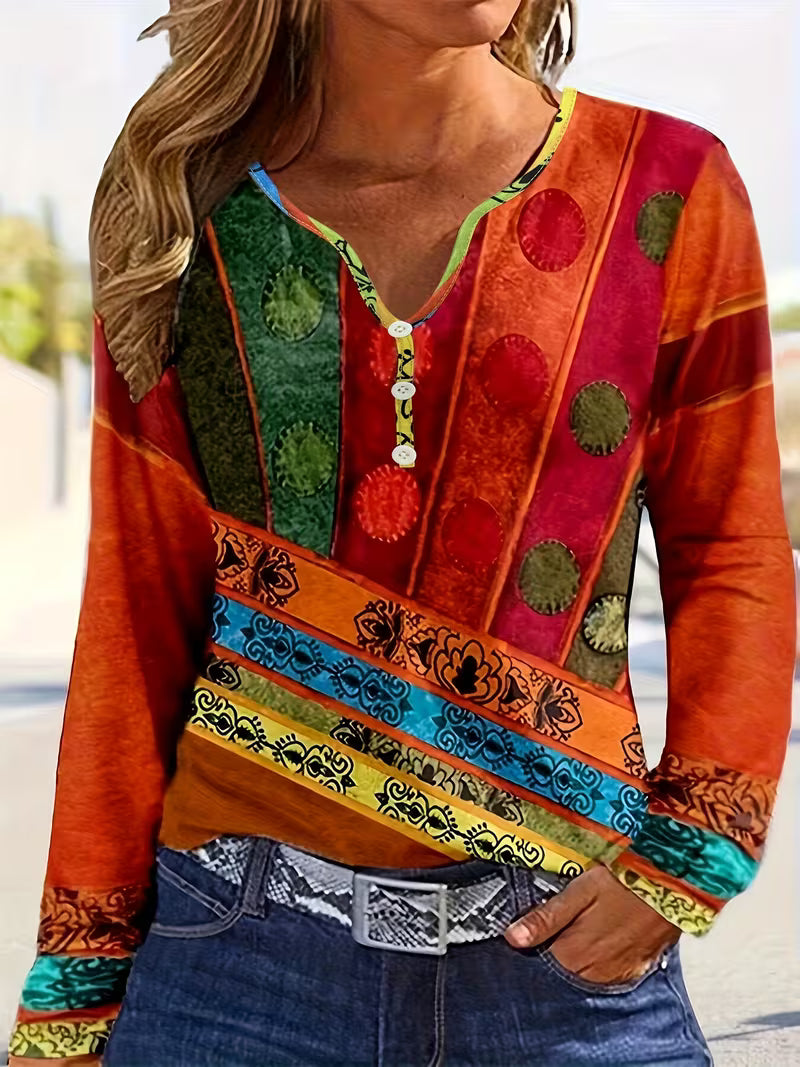 Solora | Long Sleeve Ethnic Print Blouse