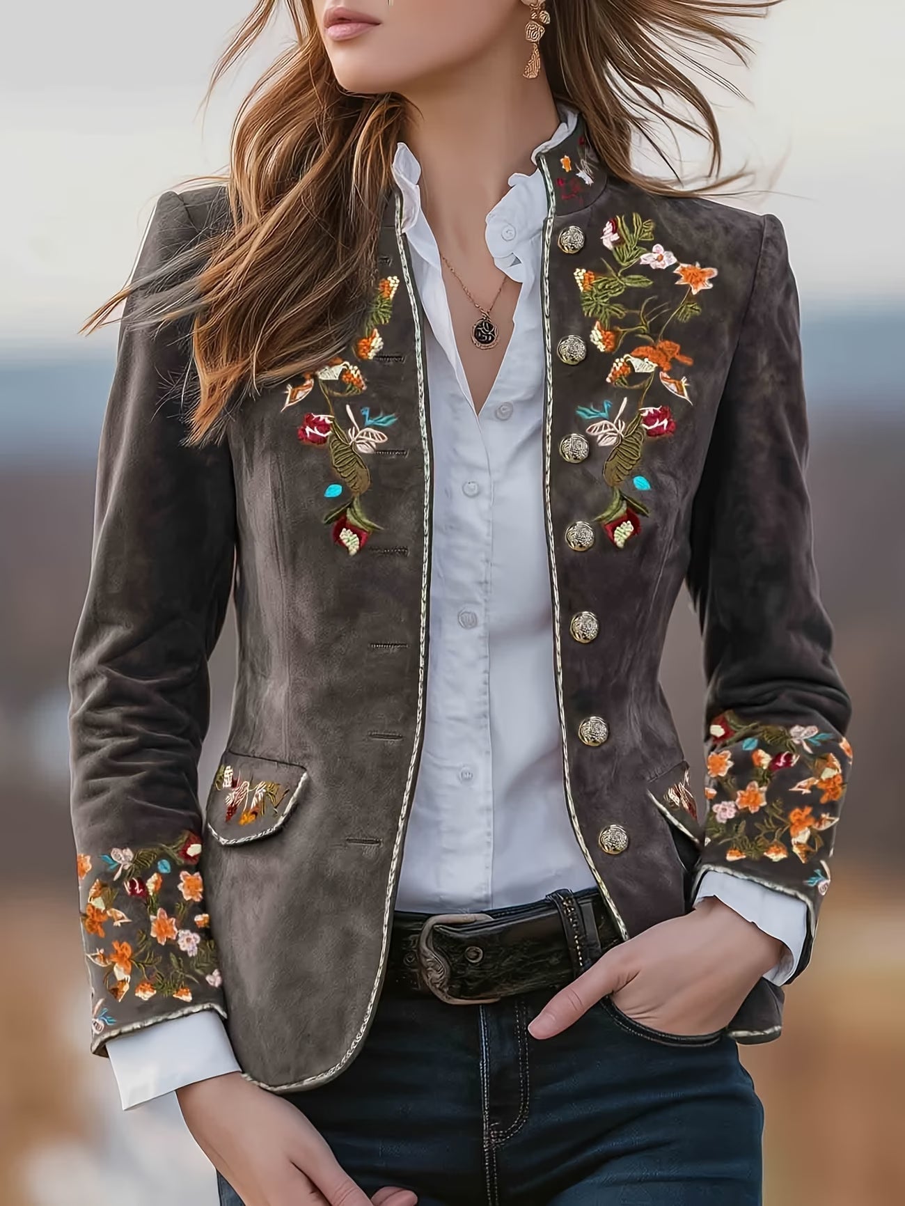 Anisaa | Embroidered Long Sleeve Stand Collar Jacket