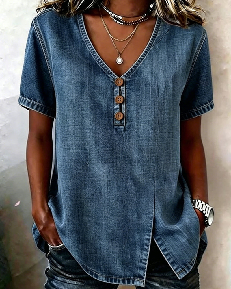 Lyjena - Denim Style V Neck Button Blouse