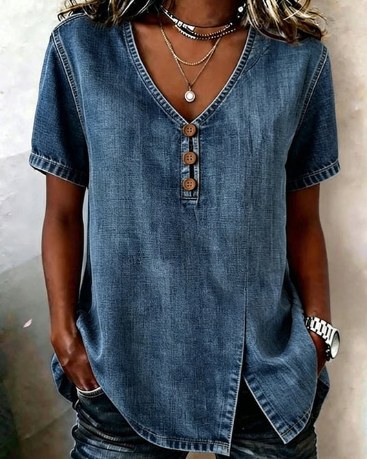 Lyjena - Denim Style V Neck Button Blouse