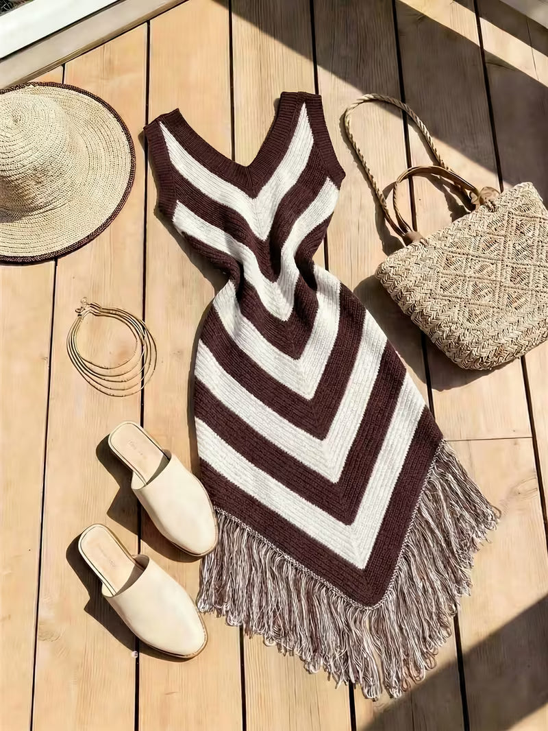 Foley | Knitted Chevron V-Neck Sleeveless Midi Dress
