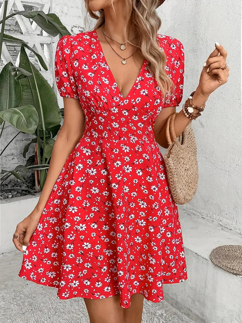 Margret™ - Floral Print V Neck Mini Dress