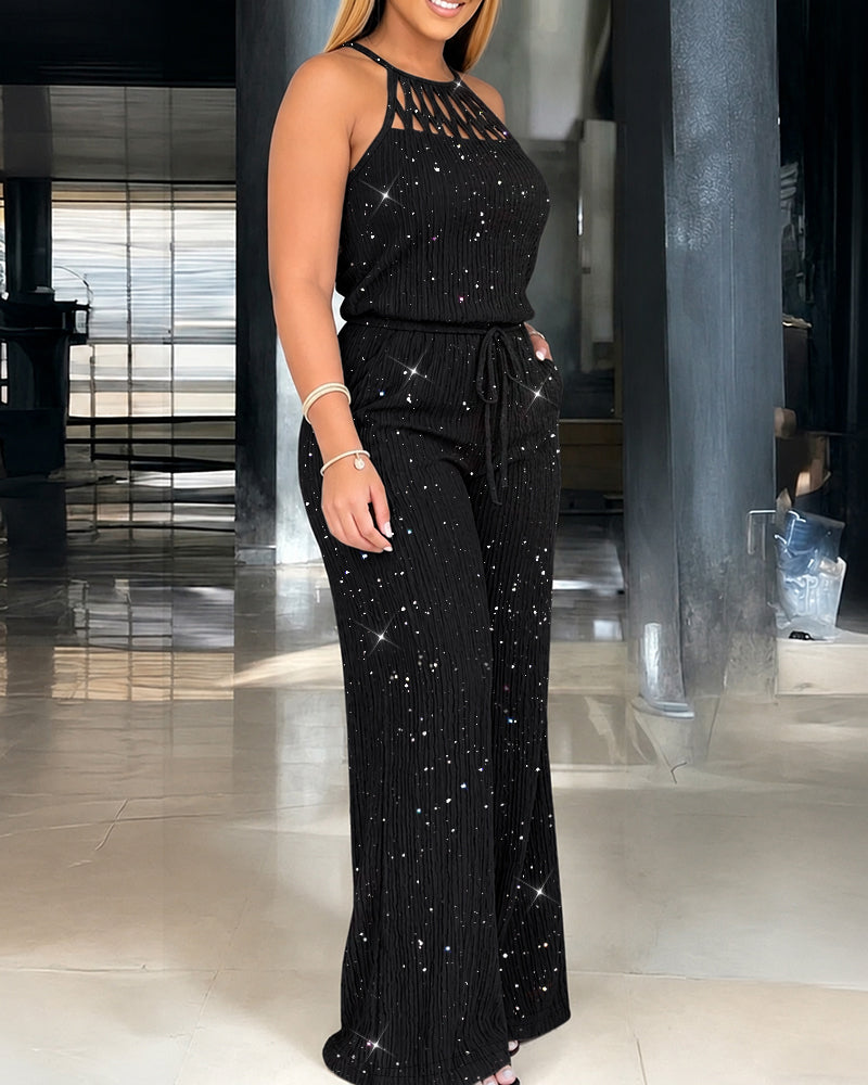 Kannika | Jumpsuit With Sparkle Halter and Wide Legs