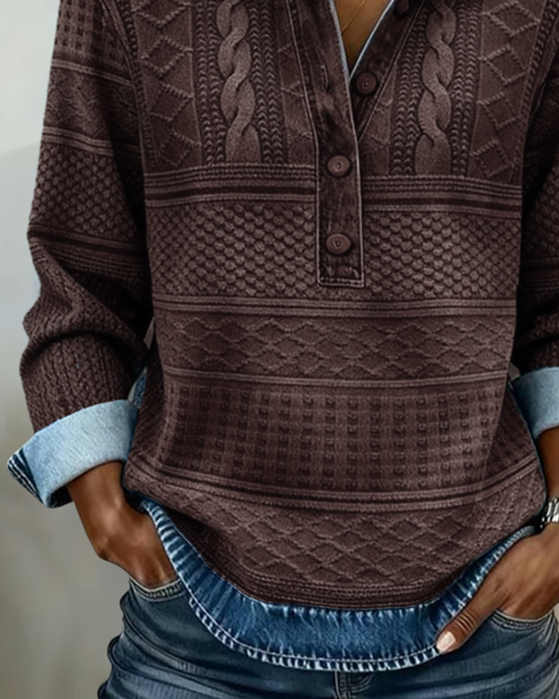 Melkorka | Textured Half Button Collared Sweatshirt