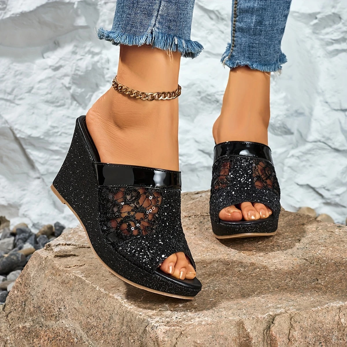 Alexis | Wedge Sandals With Lace Glitter Panel