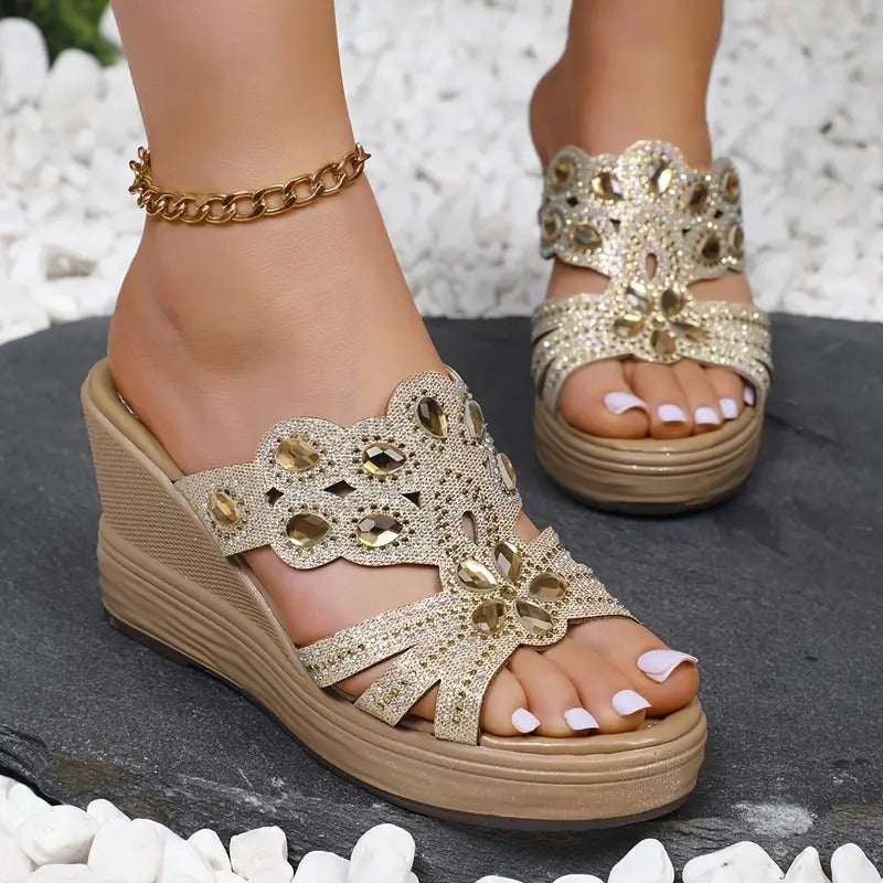 Lakeisha | Sandals Open Toe Rhinestone Wedge Heels