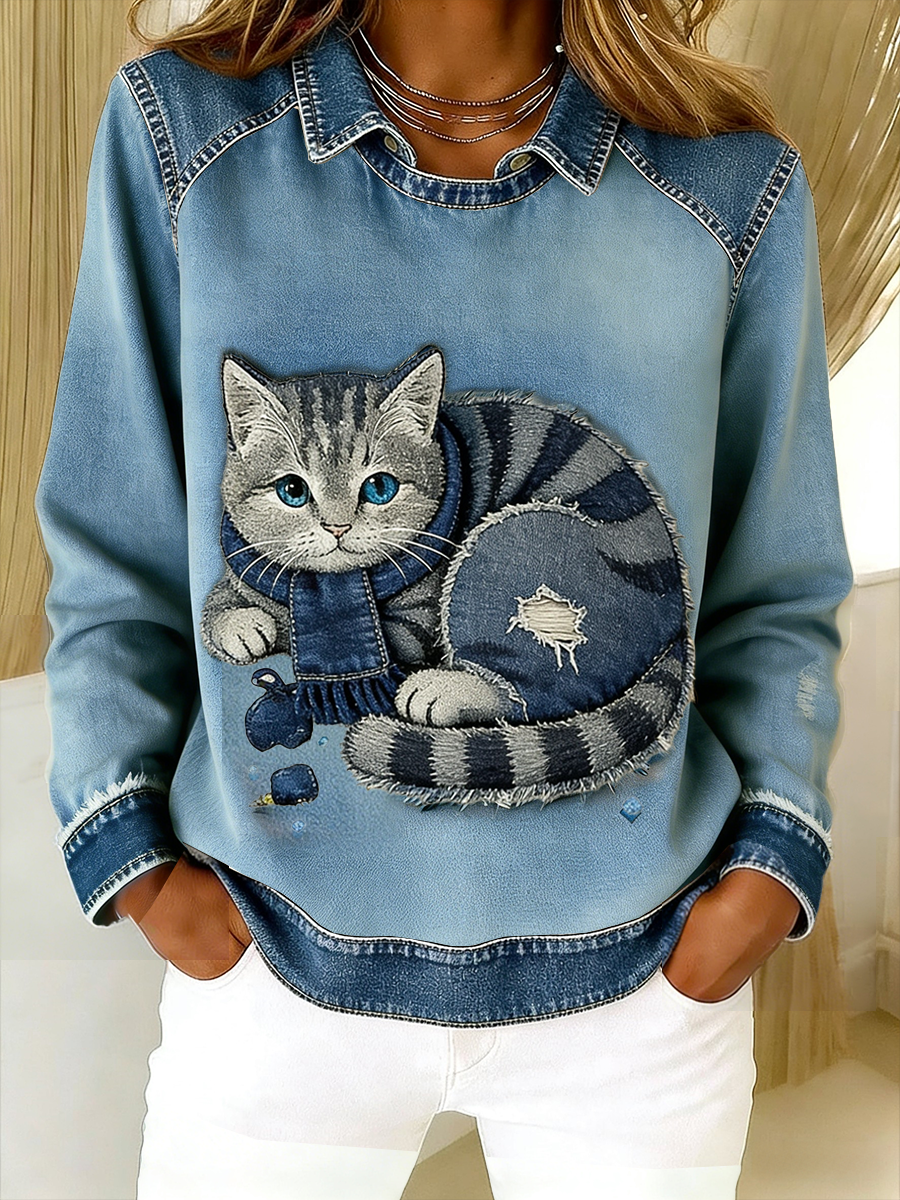 Eponin - Cat Print Patchwork Collar Sweatshirt