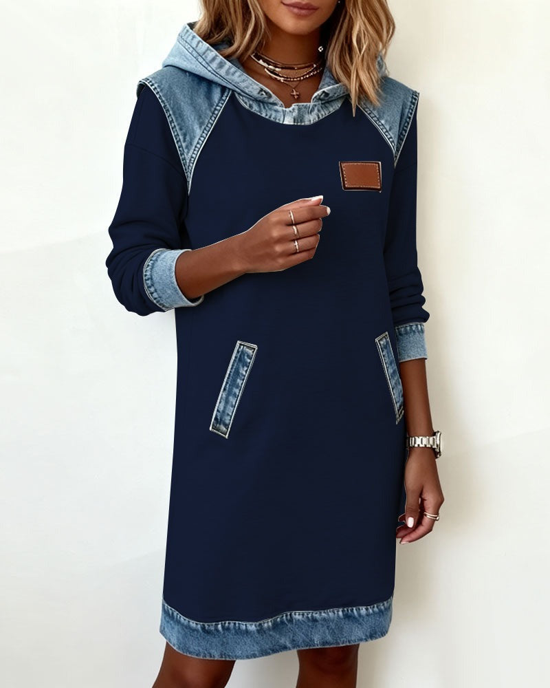 Viktoria - Hooded Denim Insert Midi Dress