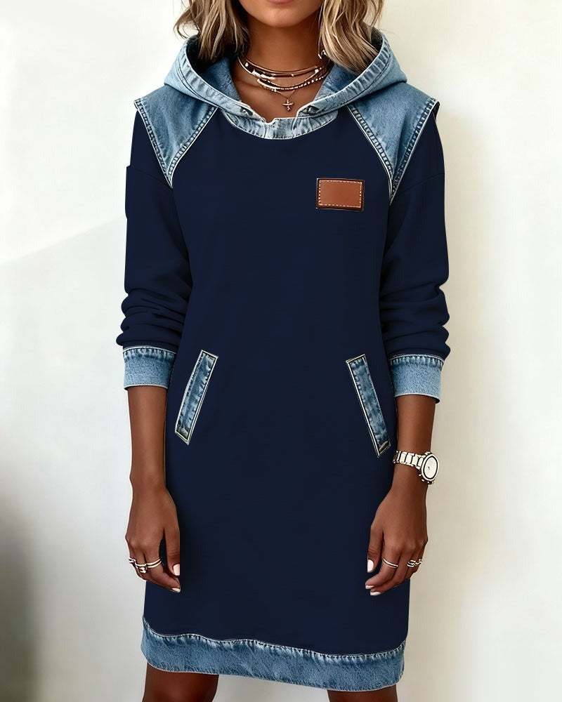 Viktoria - Hooded Denim Insert Midi Dress