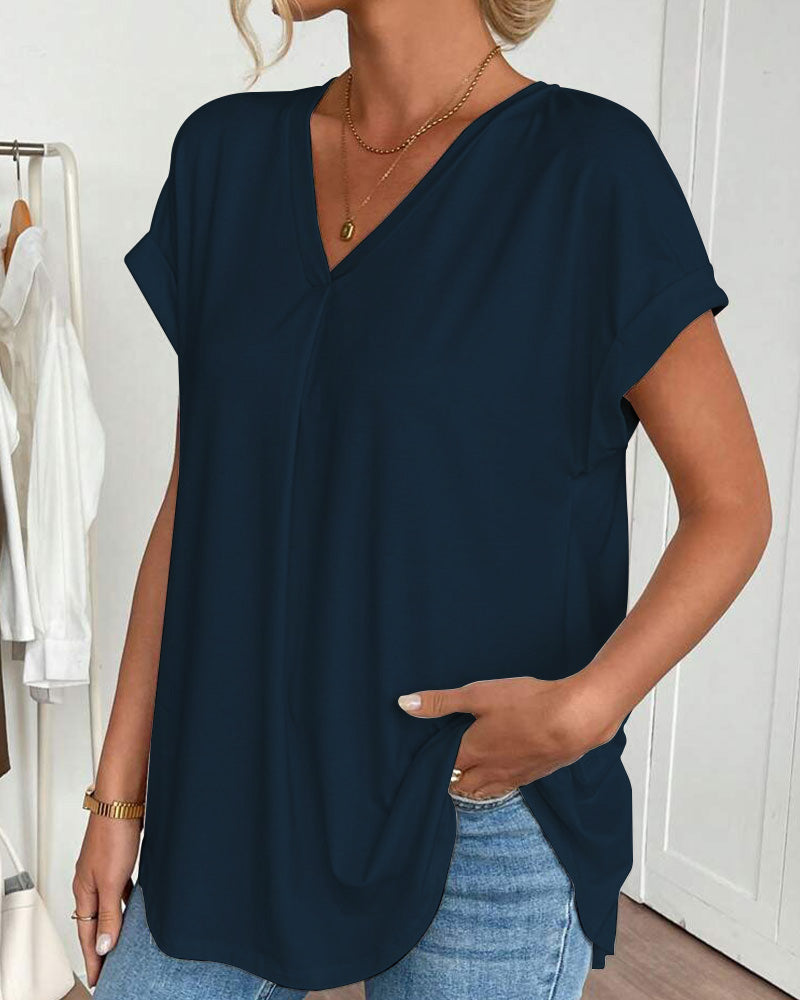 Liyanna - Patchwork V Neck Short Sleeve T Shirt