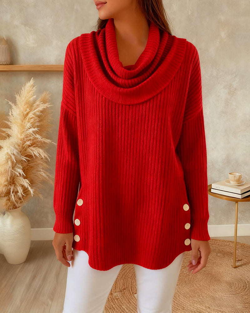 Eileen | Cowl Neck Ribbed Sweater with Buttons